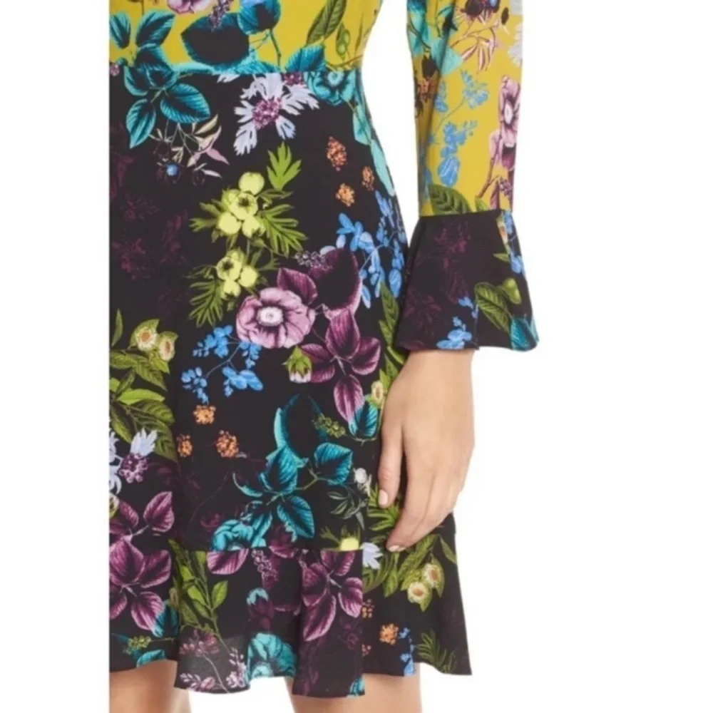 ELIZA J NWOT Floral Color Block MIDI Dress Long Bell Sleeves Sz 4 Dark Romantic - Picture 3 of 16